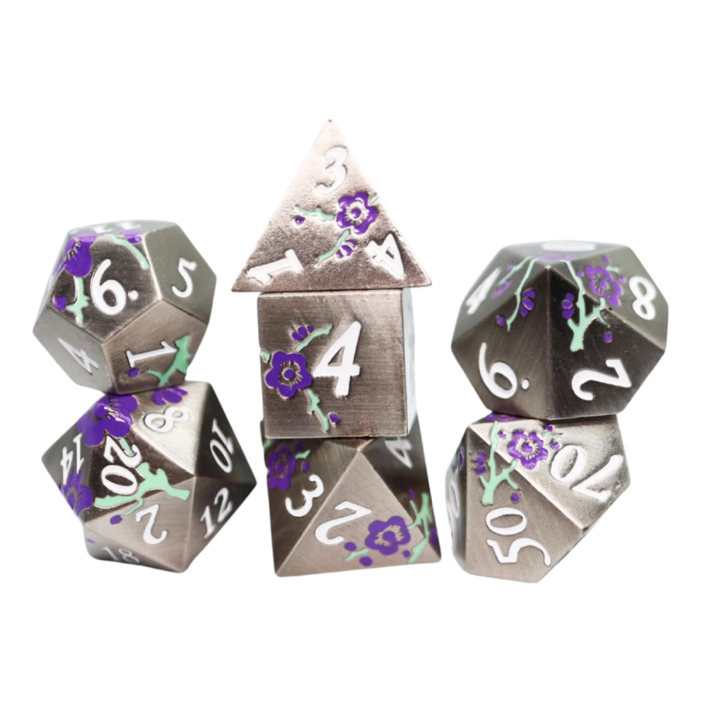 FBG Metal RPG Dice Set Silver with Purple Orchids