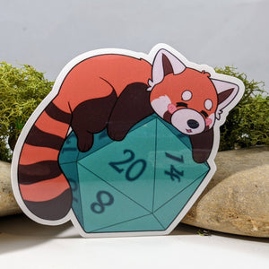 Sticker: Sleepy Red Panda On Polyhedral D20 Dice