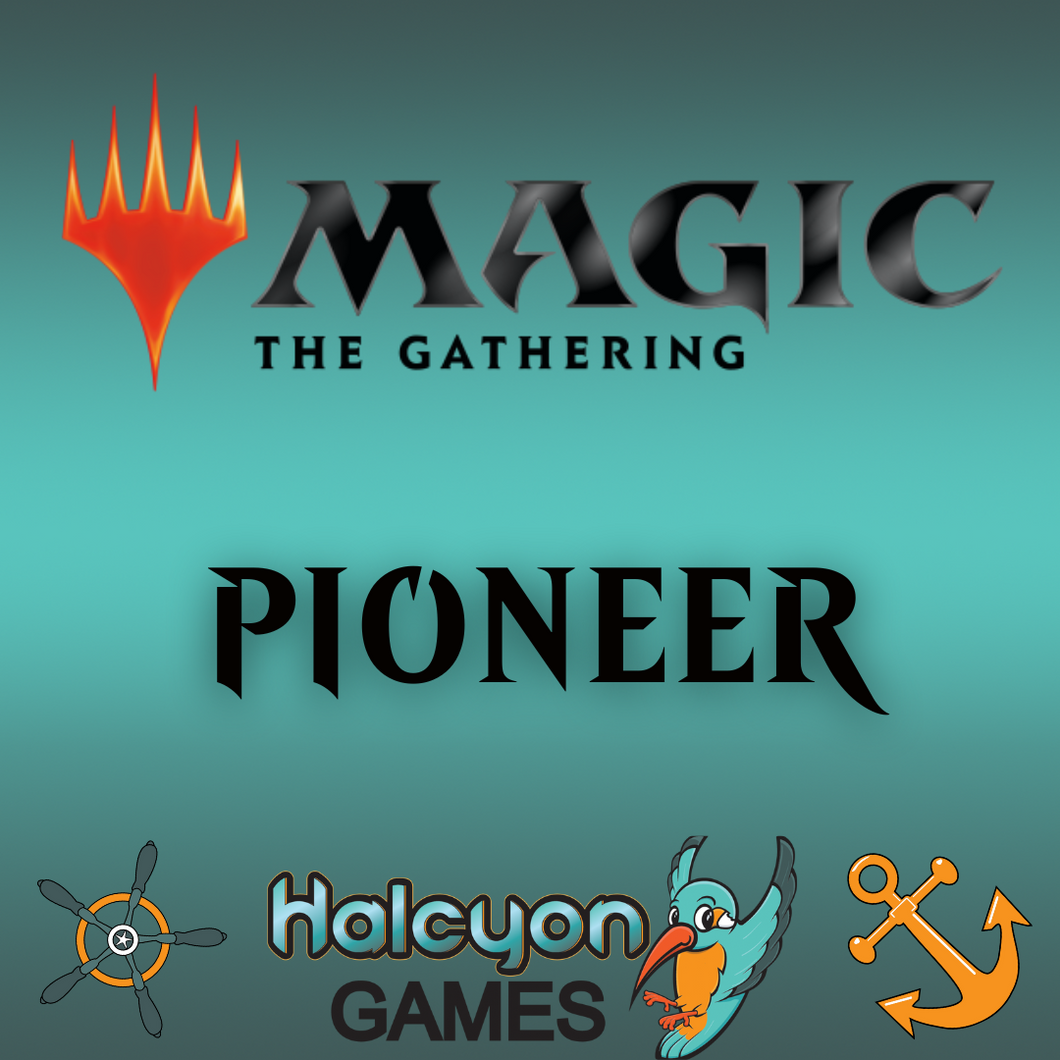 The Magic the Gathering Logo with text saying Pioneer and the Halcyon Games Logo