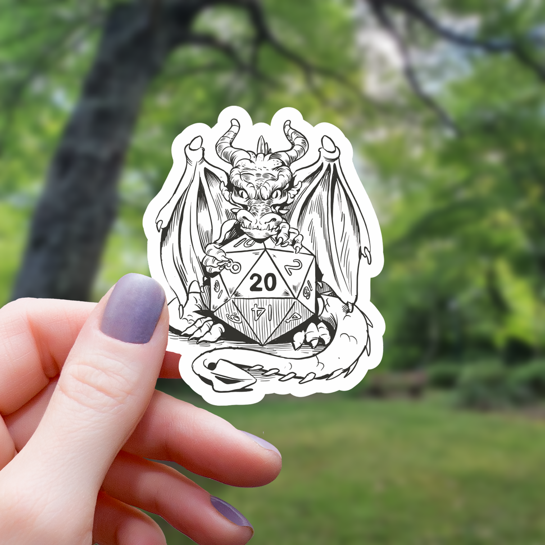 Sticker: Dragon Holding D20 Polyhedral Dice