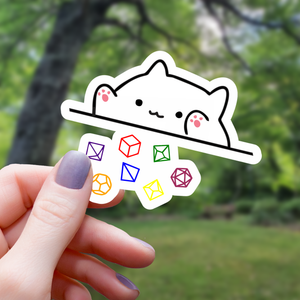 Sticker: White Cat Throwing Polyhedral Dice