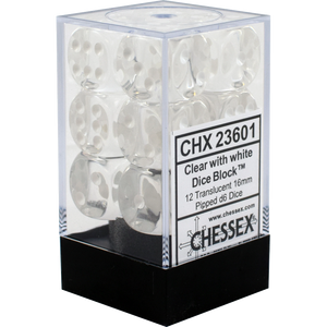 16mm d6 Translucent 12 Dice Clear/White