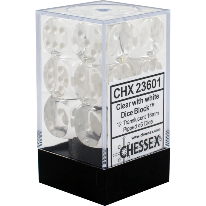 16mm d6 Translucent 12 Dice Clear/White