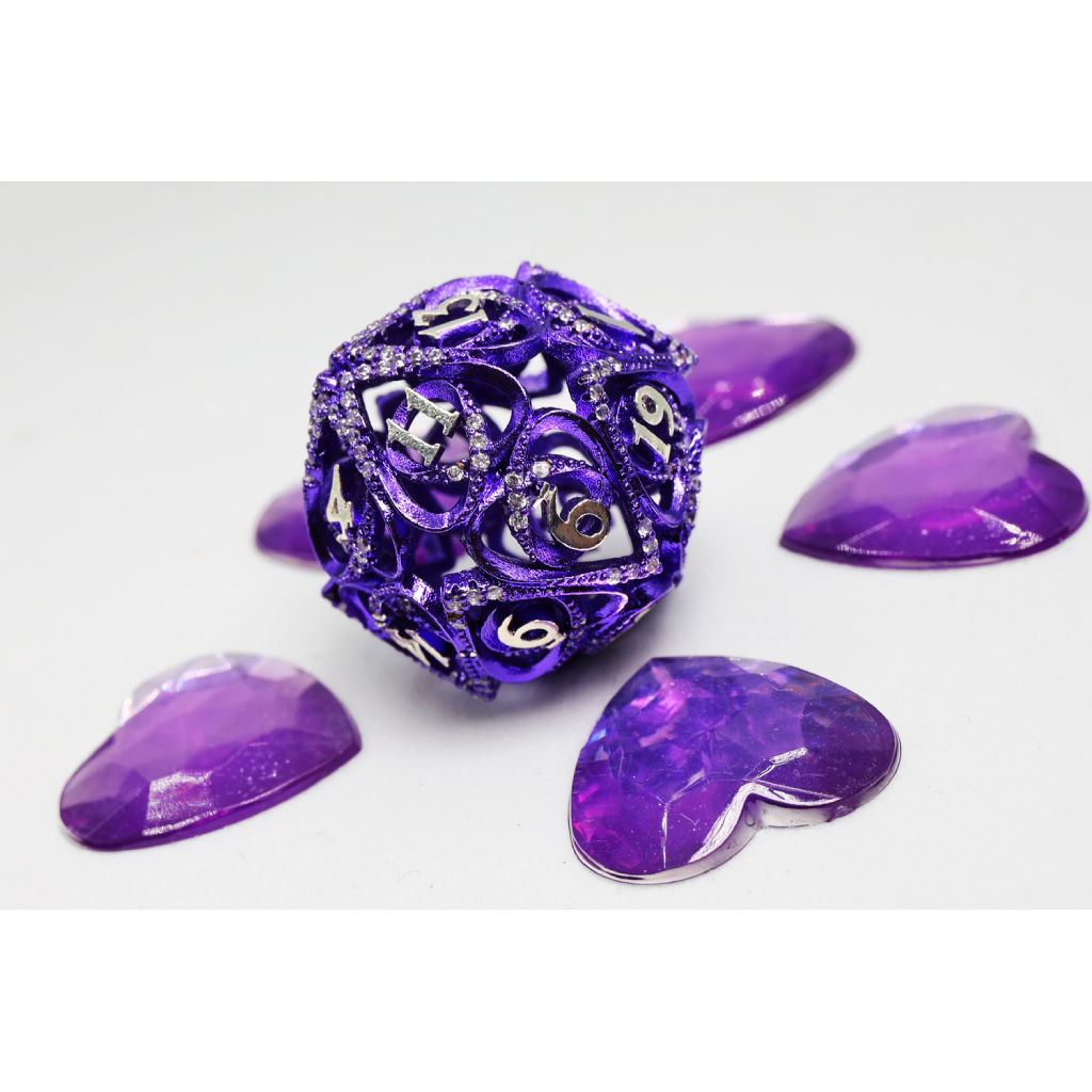 FBG Metal D20 Hollow Hearts Jeweled D20 - Purple