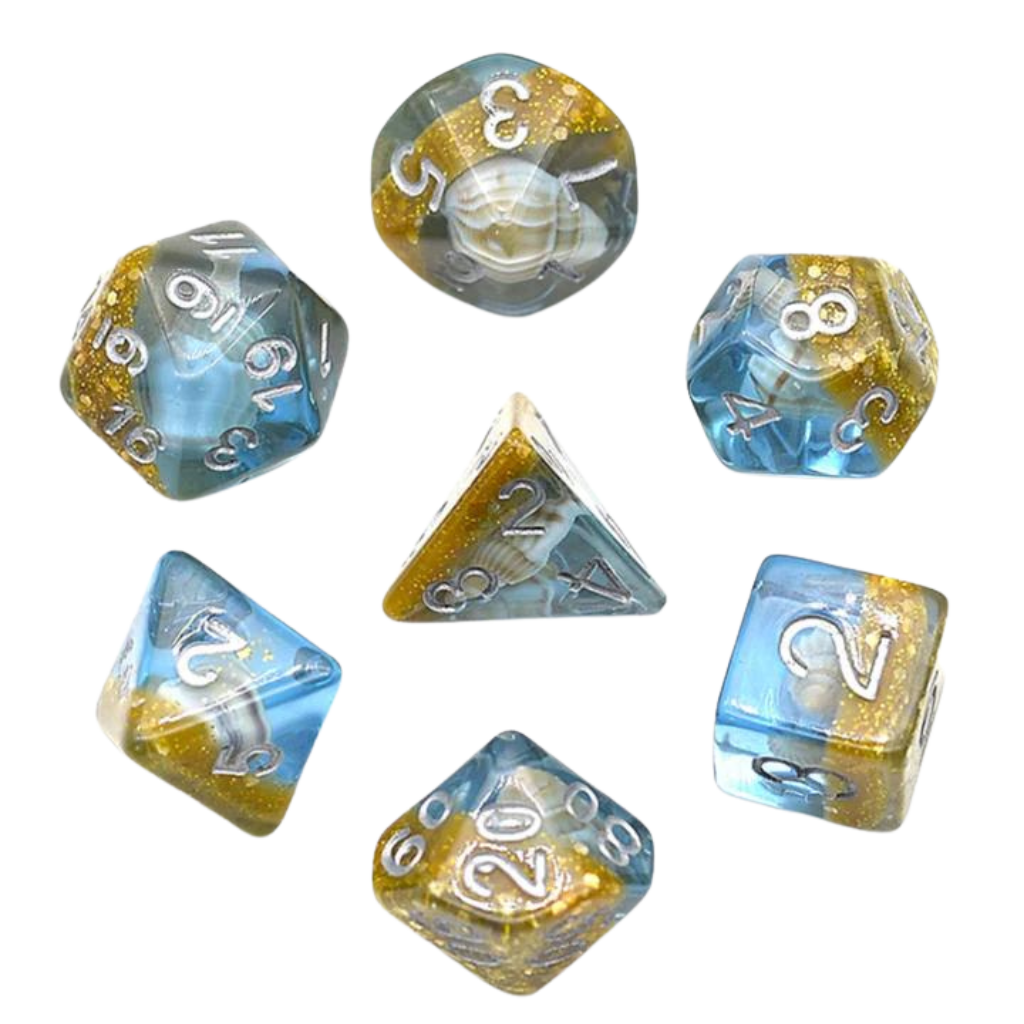 FBG RPG Dice Set Blue and Gold Beach Conch