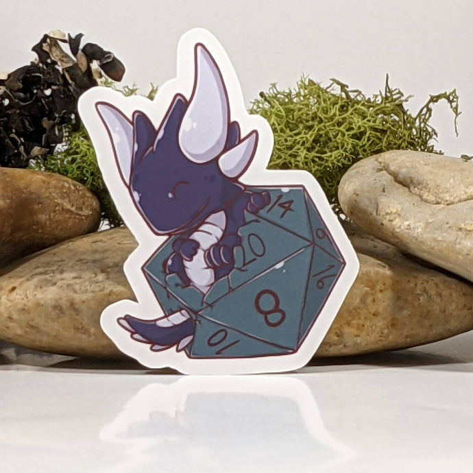 Sticker: Baby Black Dragon Hatching From D20 Dice