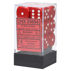 16mm d6 Opaque 12 Dice Red/White