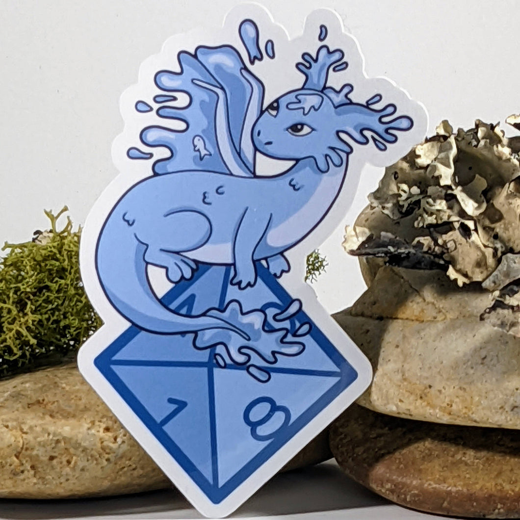 Sticker: Water Dragon Atop Polyhedral Dice