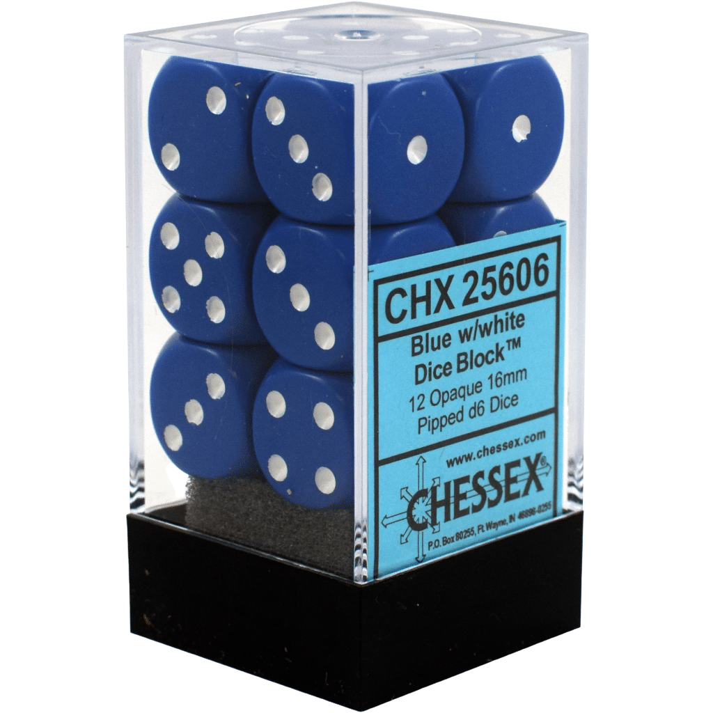 16mm D6 Opaque 12 Dice Blue White Halcyon Games 16mm-d6-opaque-12-dice-blue-white-halcyon-games