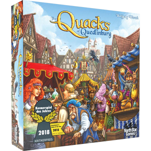 Board Game Box with a busy town market that says 'The Quacks of Quedlinburg".