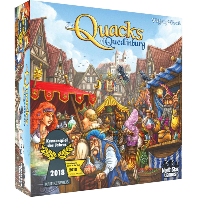Board Game Box with a busy town market that says 'The Quacks of Quedlinburg