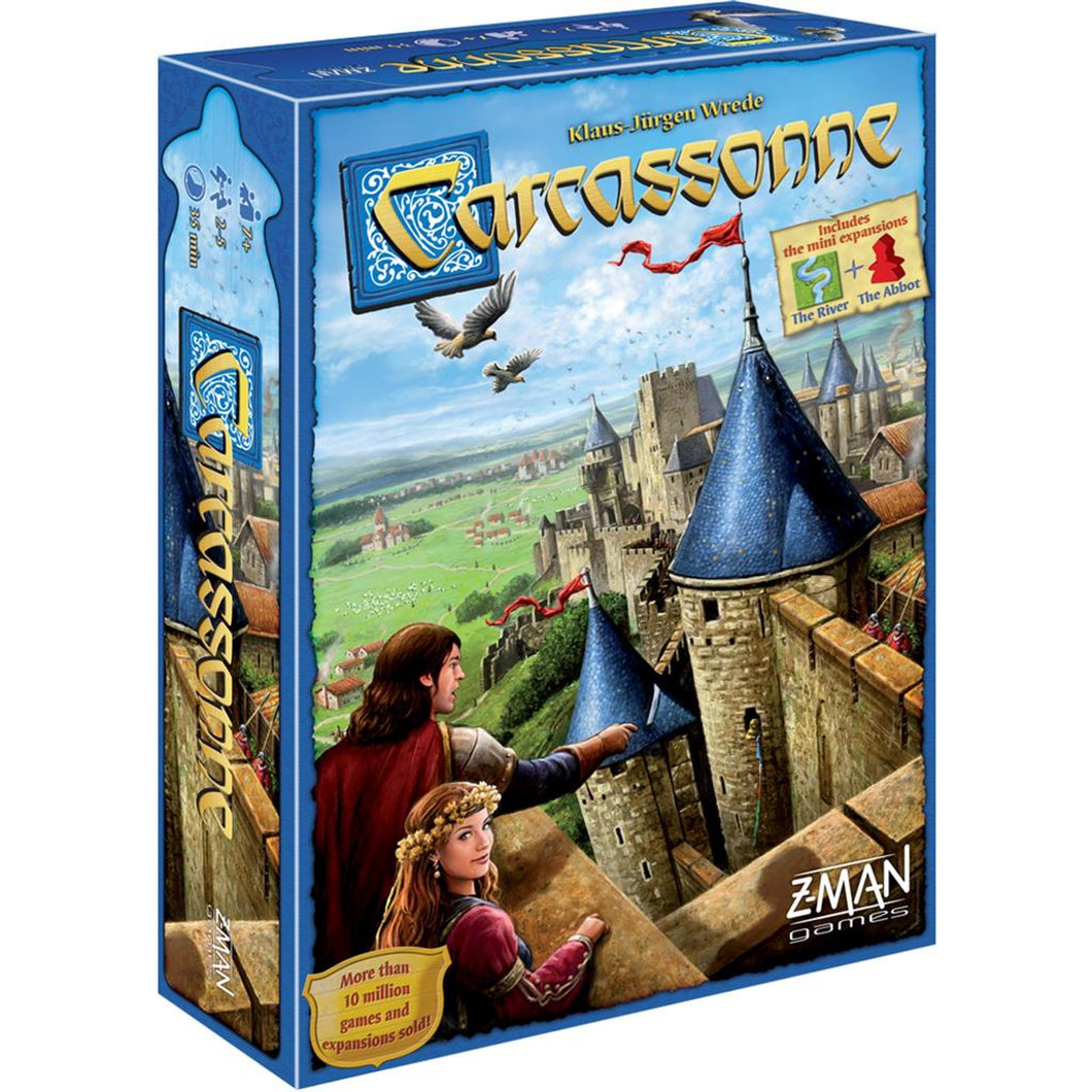 Board Game Box with castle, fields, a prince, and princess that says 'Carcassonne'